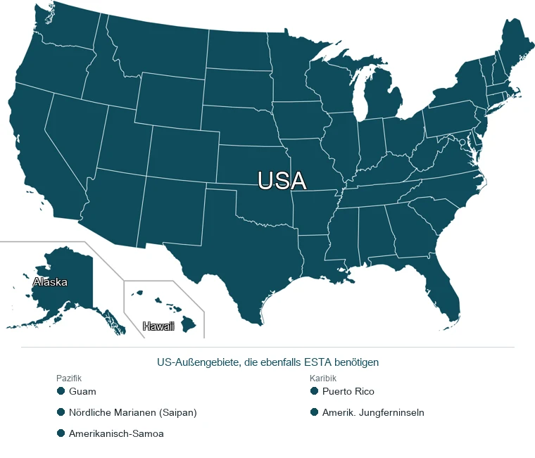 Karte mit dem von der ESTA abgedeckten Gebiet: das kontinentale US-Festland, Alaska und Hawaii sowie US-Territorien (Puerto Rico, Guam und andere)